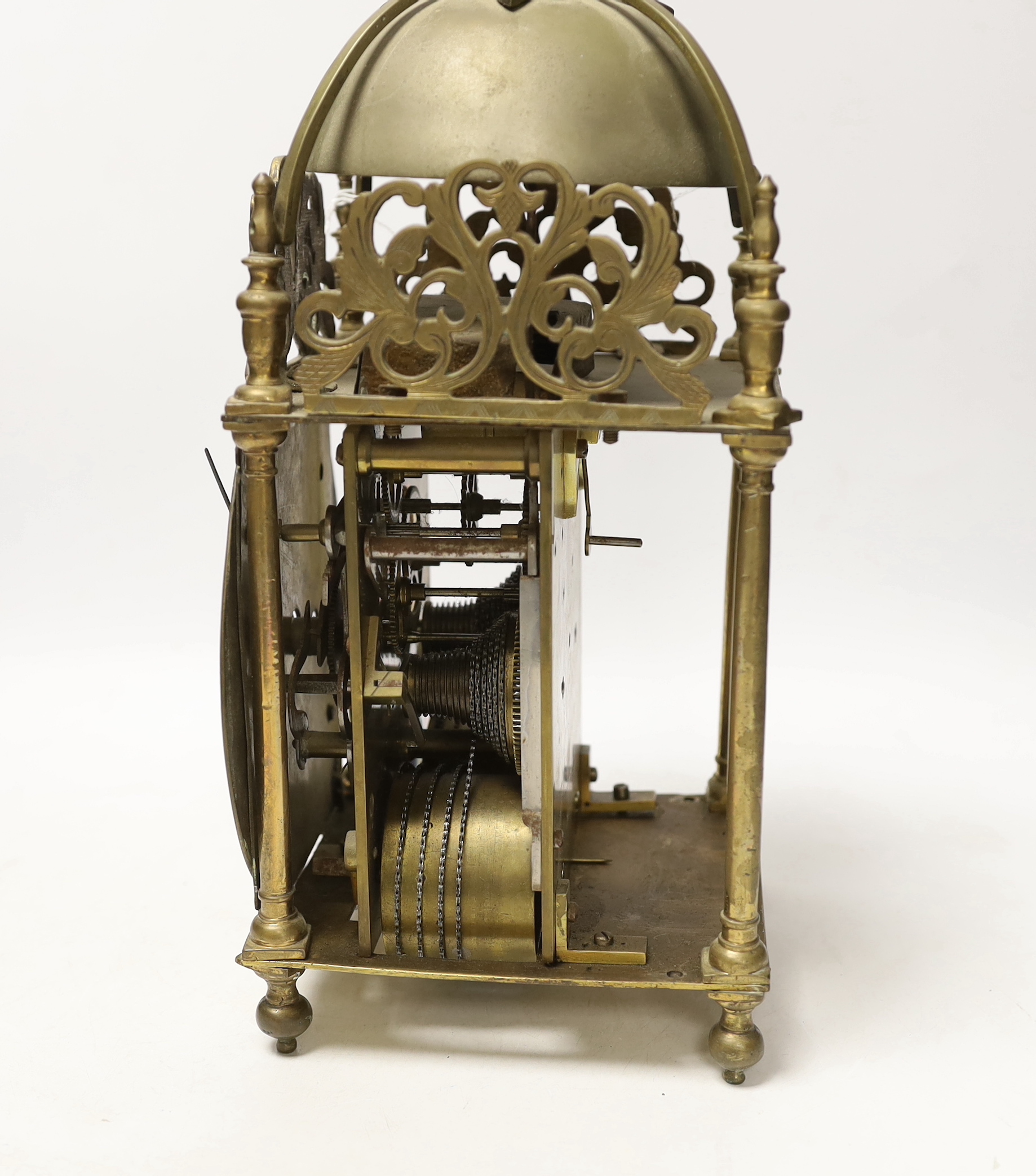 A double fusee brass lantern clock, 32cm high